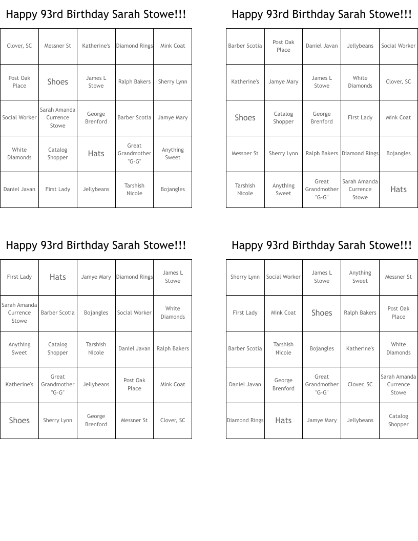 Happy 93rd Birthday Sarah Stowe!!! Bingo Cards