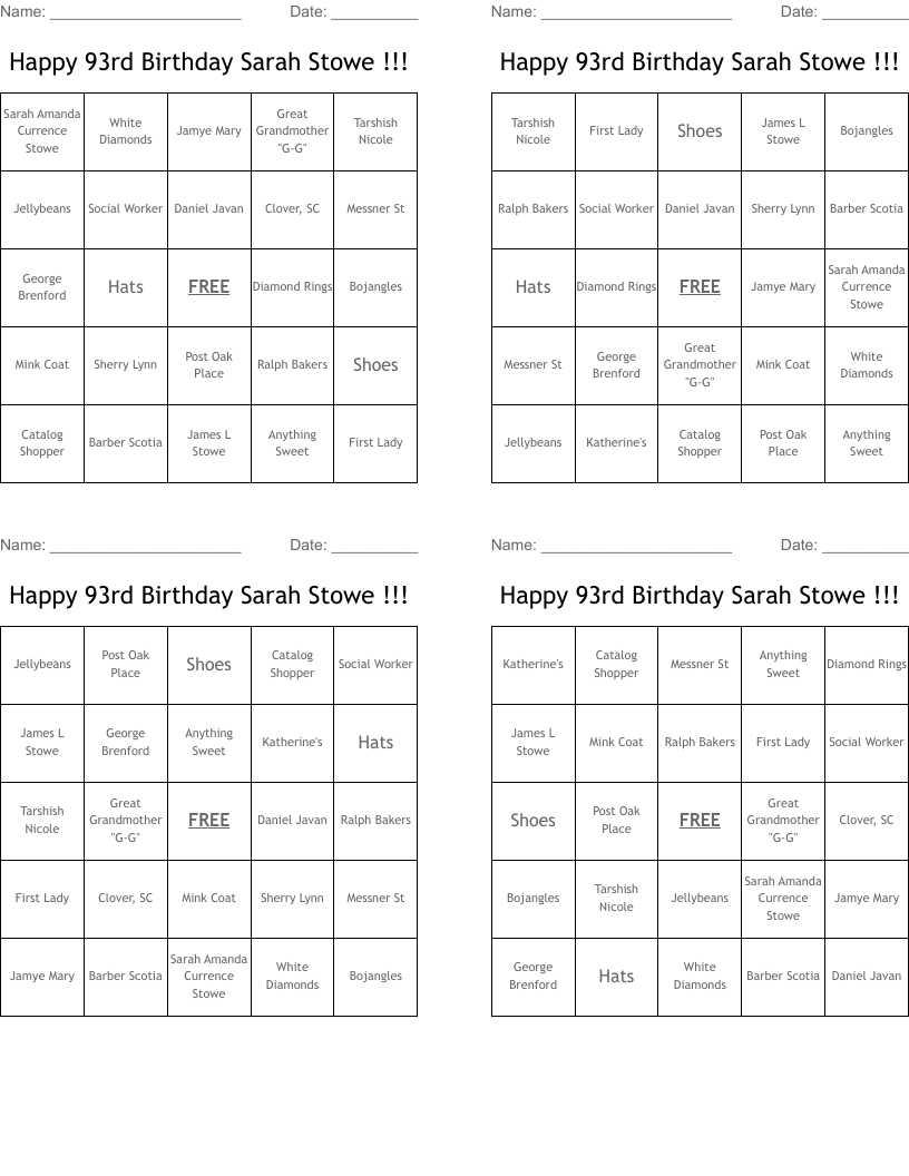 Happy 93rd Birthday Sarah Stowe !!! Bingo Cards