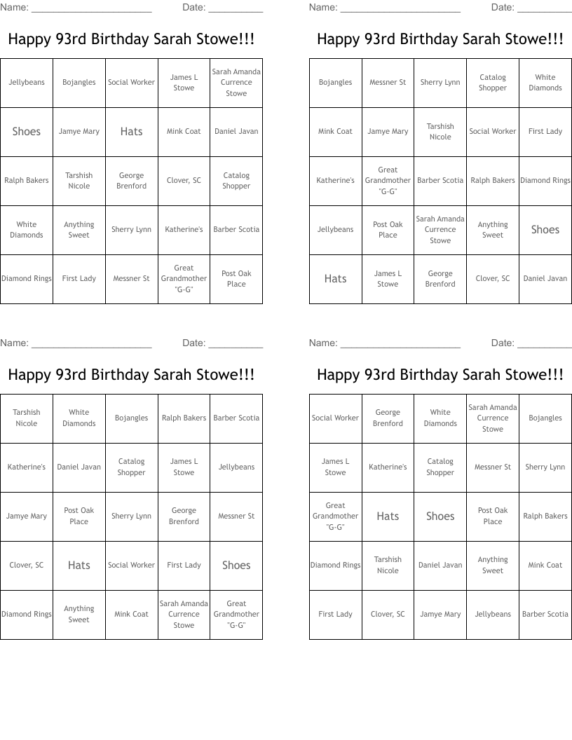 Happy 93rd Birthday Sarah  Stowe!!! Bingo Cards