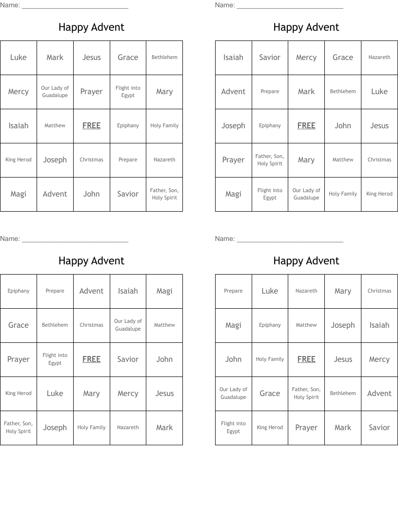 Happy Advent Bingo Cards