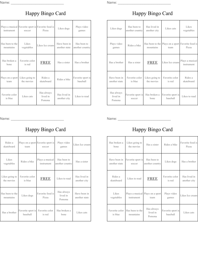 Happy Bingo Card