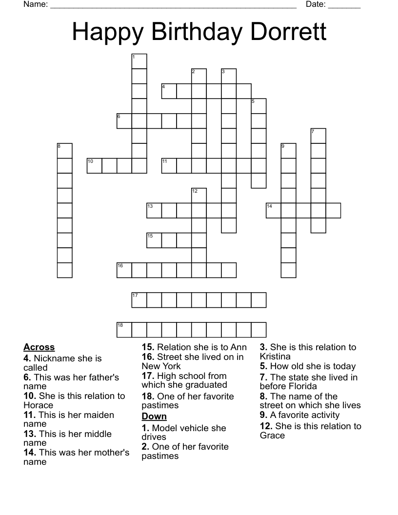 Happy Birthday Dorrett Crossword