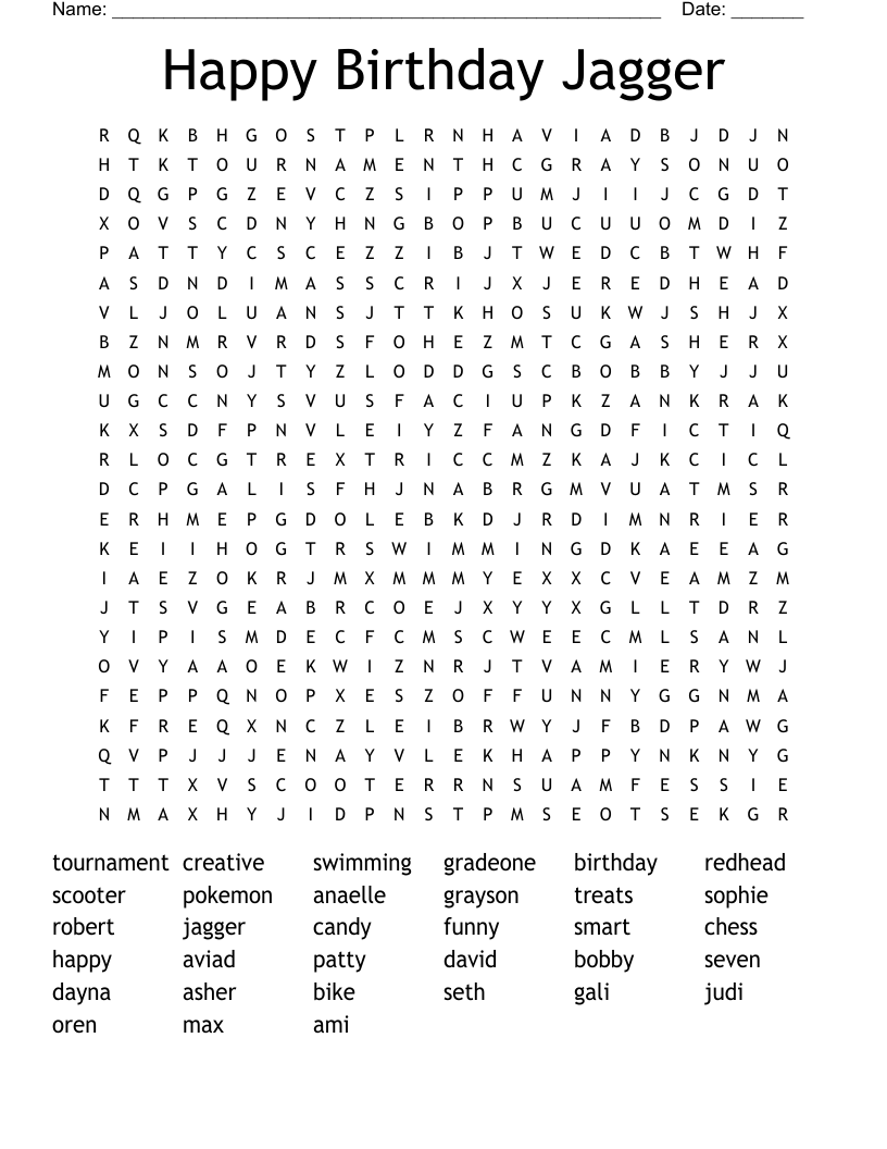 Happy Birthday Jagger Word Search