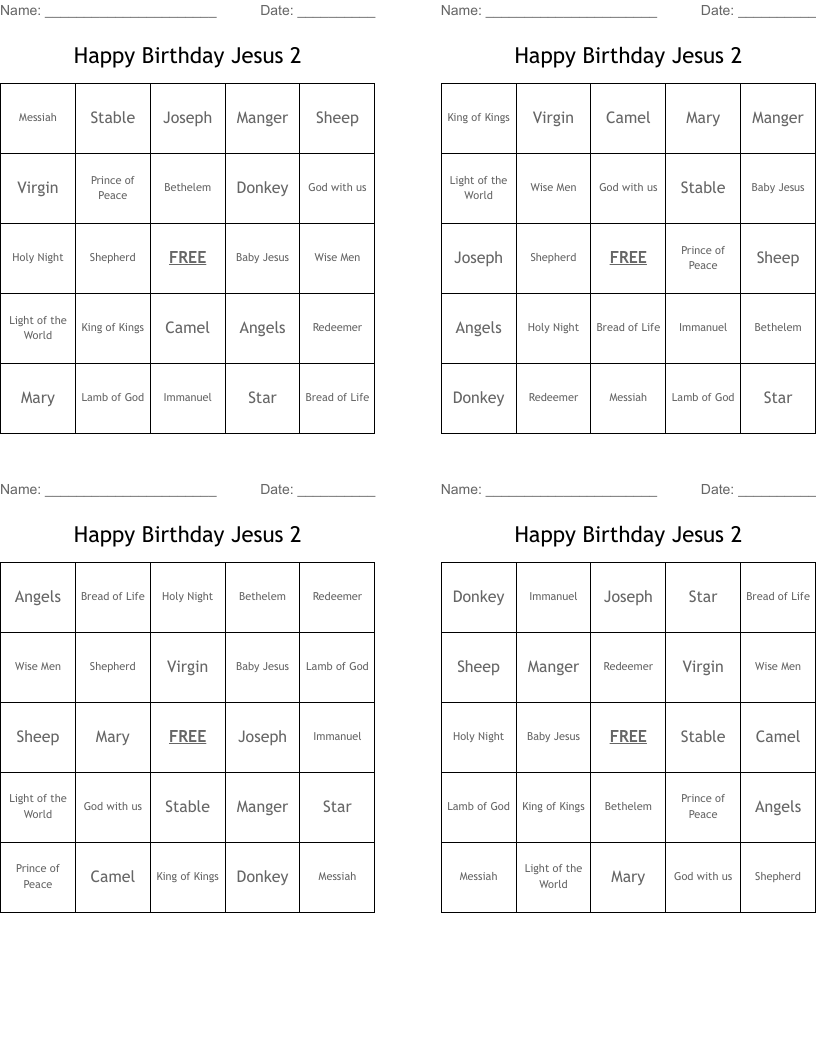 Happy Birthday Jesus 2 Bingo Cards