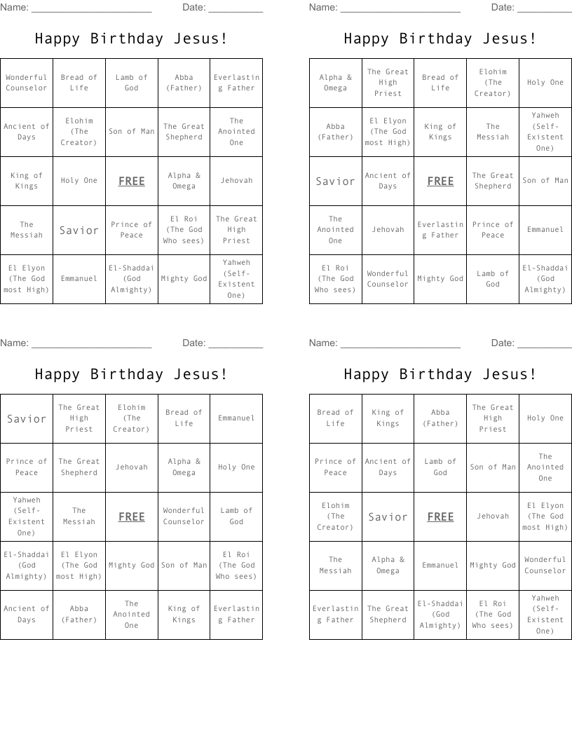 Happy Birthday Jesus! Bingo Cards