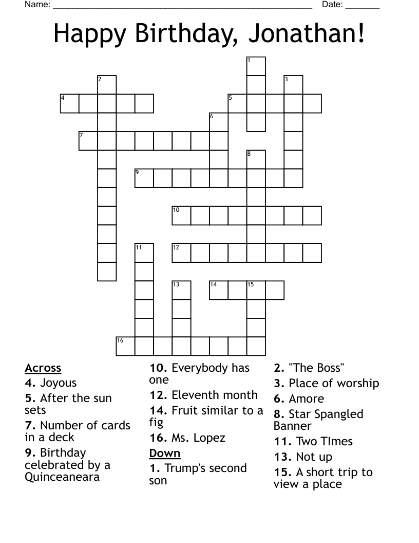 Happy Birthday, Jonathan! Crossword