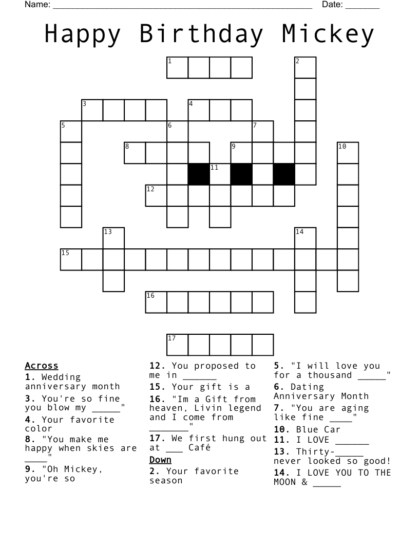 Happy Birthday Mickey Crossword