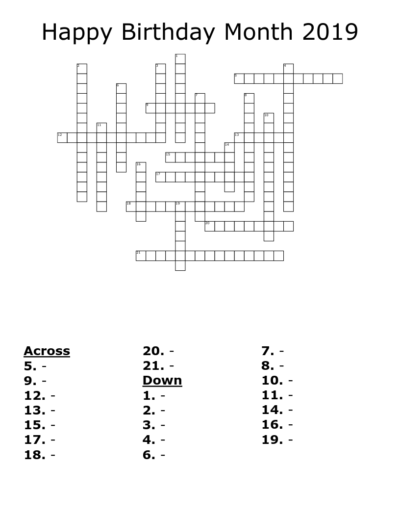 Happy Birthday Month 2019 Crossword