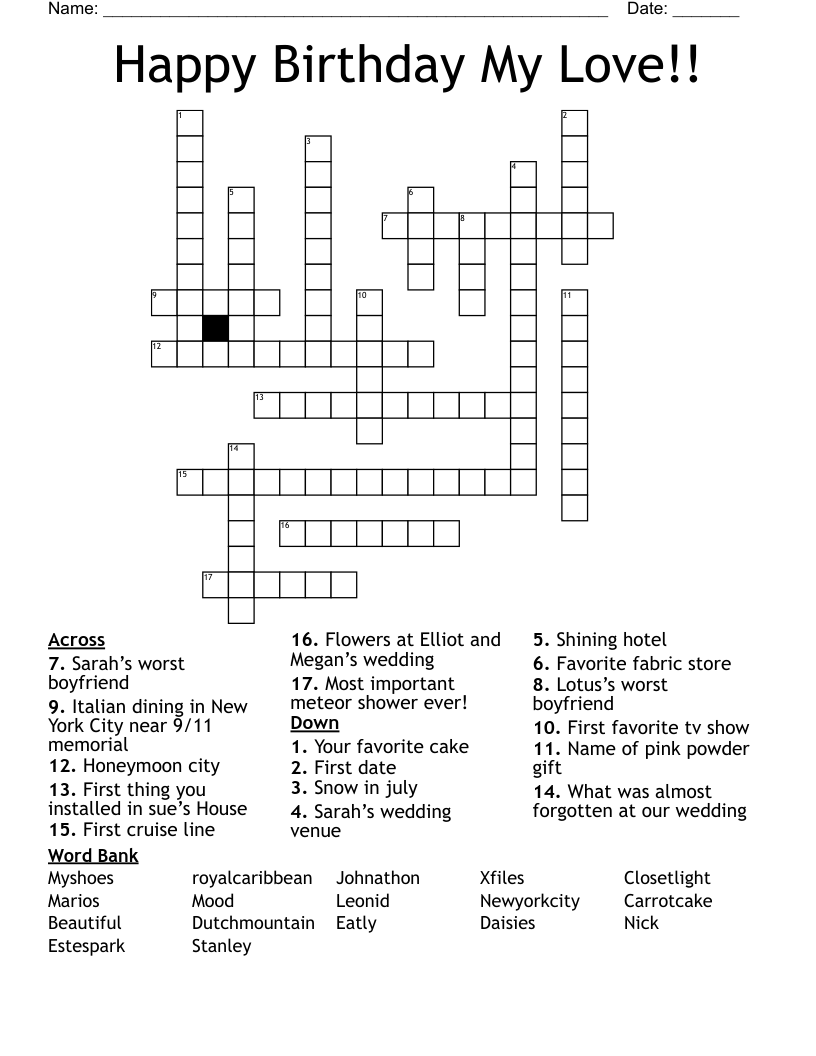 Happy Birthday My Love!! Crossword