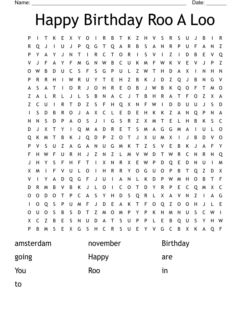 Happy Birthday Roo A Loo Word Search