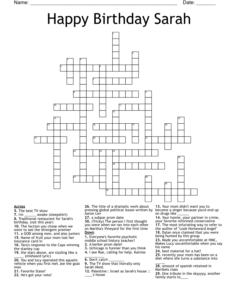 Happy Birthday Sarah Crossword