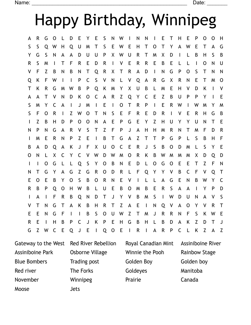 Happy Birthday, Winnipeg Word Search