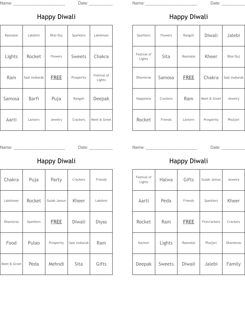 Happy Diwali Bingo Cards