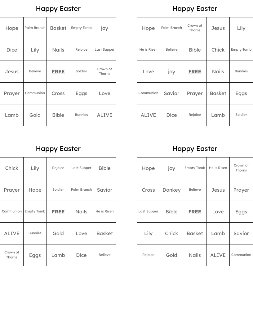 Happy Easter Bingo Cards