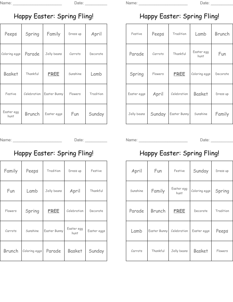 Happy Easter: Spring Fling! Bingo Cards