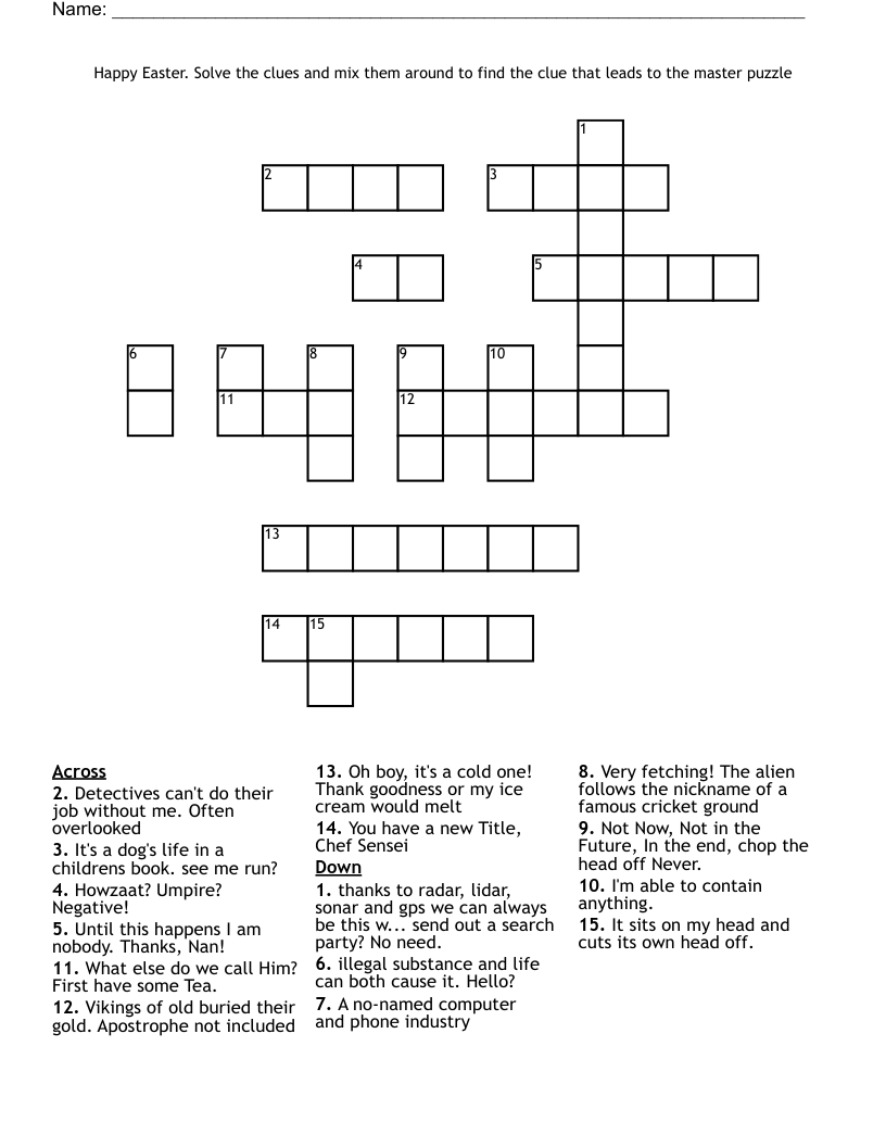 Happy Easter.  Solve the clues and mix them around to find the clue that leads to the master puzzle
