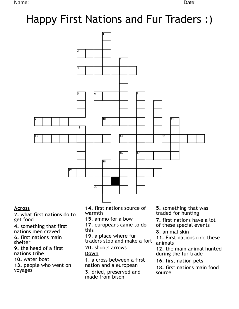Happy First Nations and Fur Traders :)  Crossword