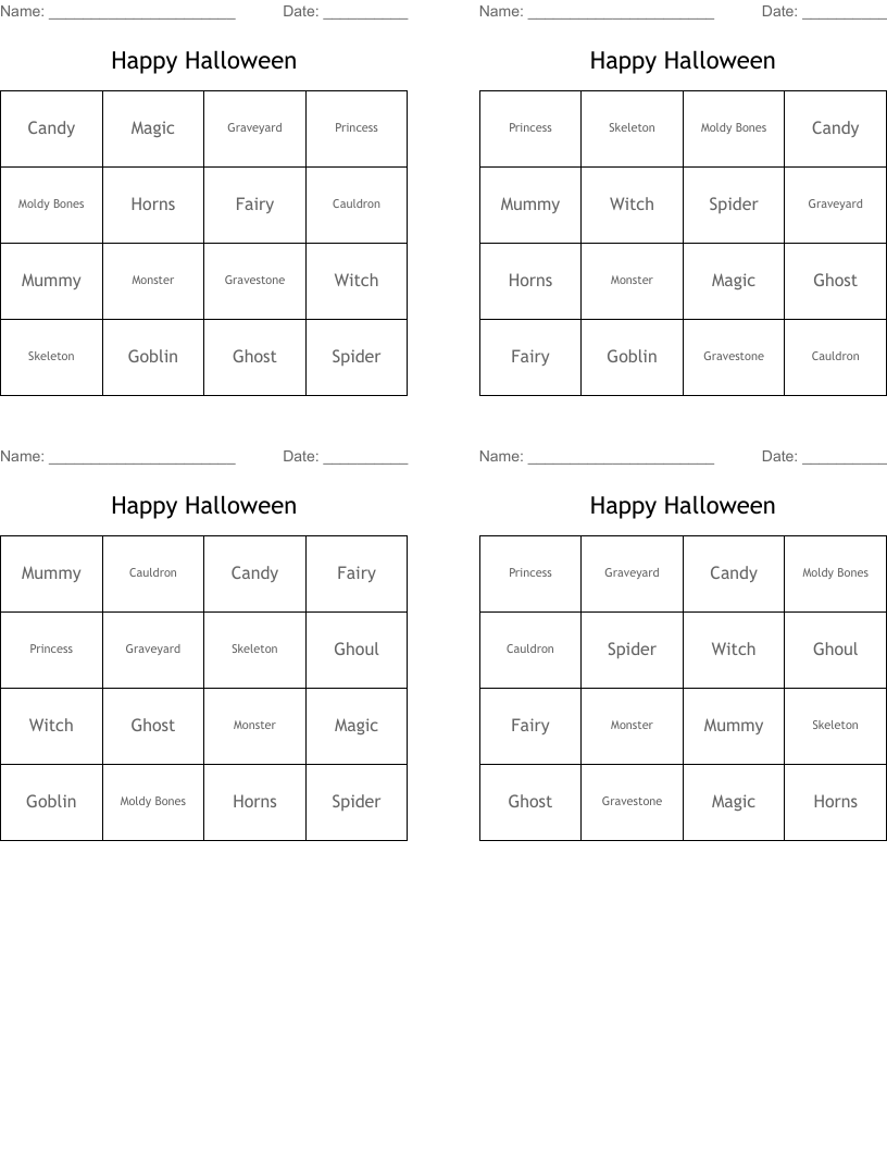 Happy Halloween Bingo Cards