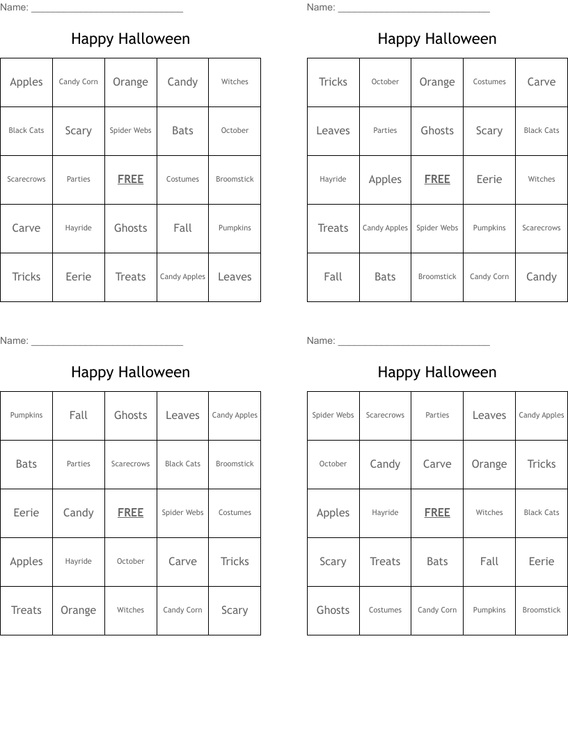 Happy Halloween Bingo Cards