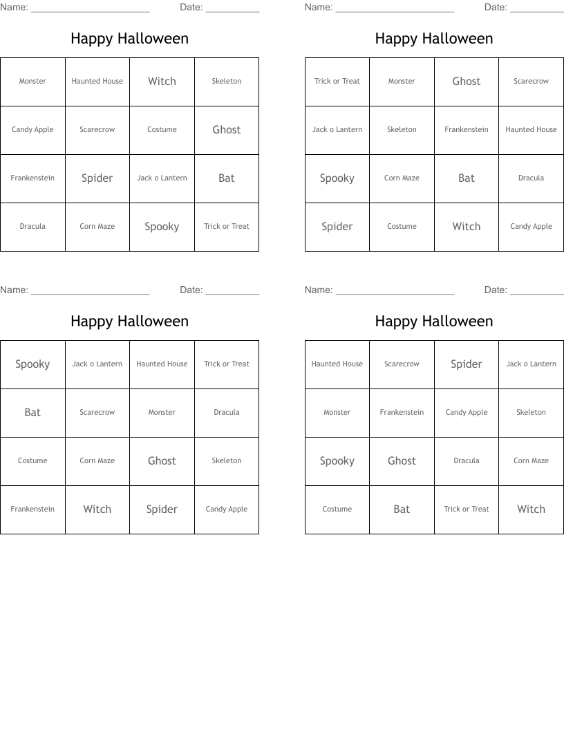 Happy Halloween Bingo Cards