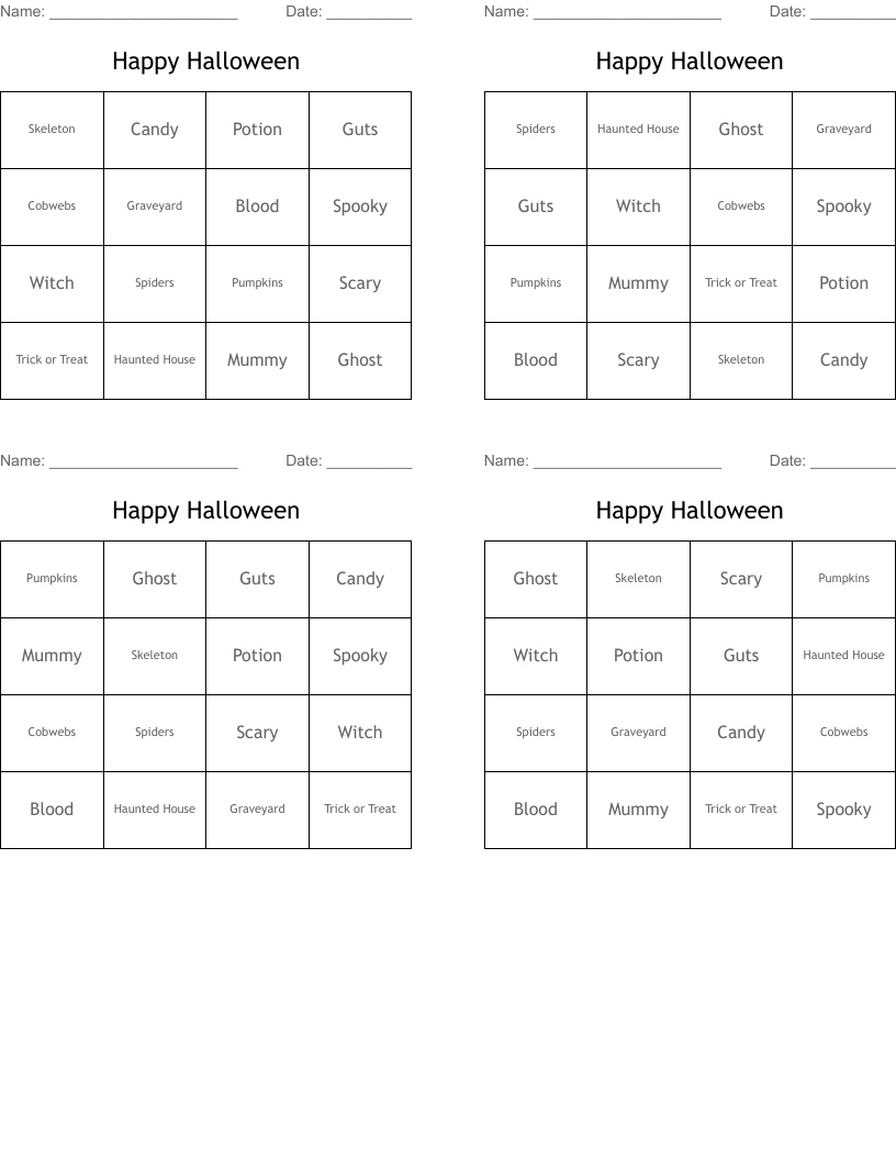 Happy Halloween Bingo Cards