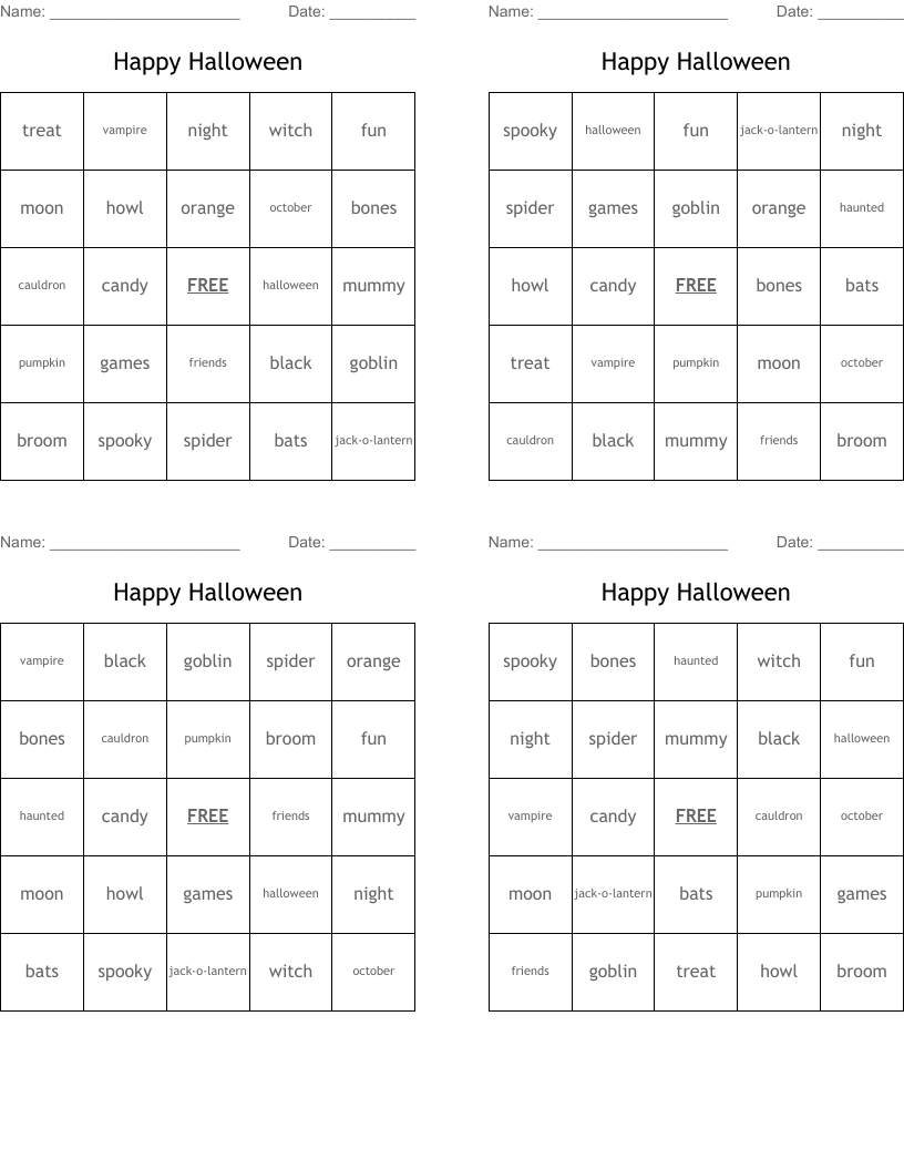 Happy Halloween Bingo Cards