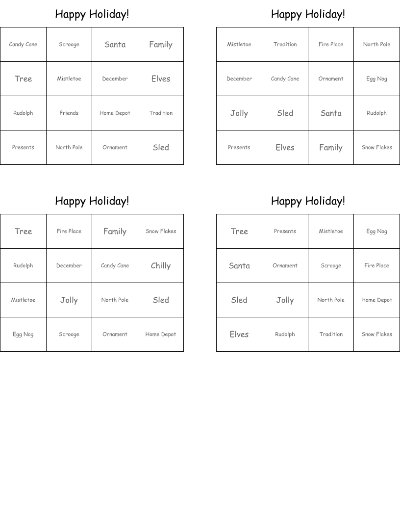 Happy Holiday! Bingo Cards