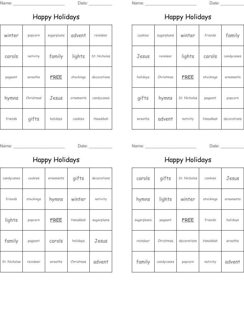 Happy Holidays Bingo Cards