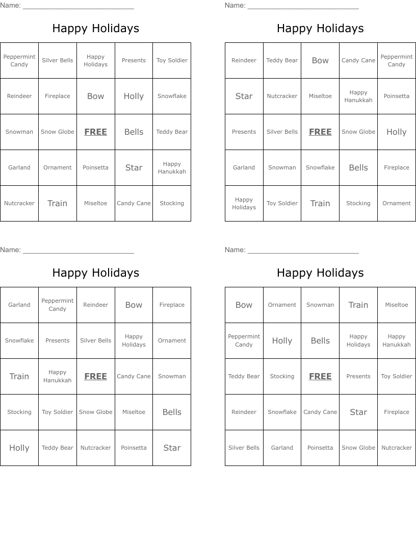 Happy Holidays Bingo Cards