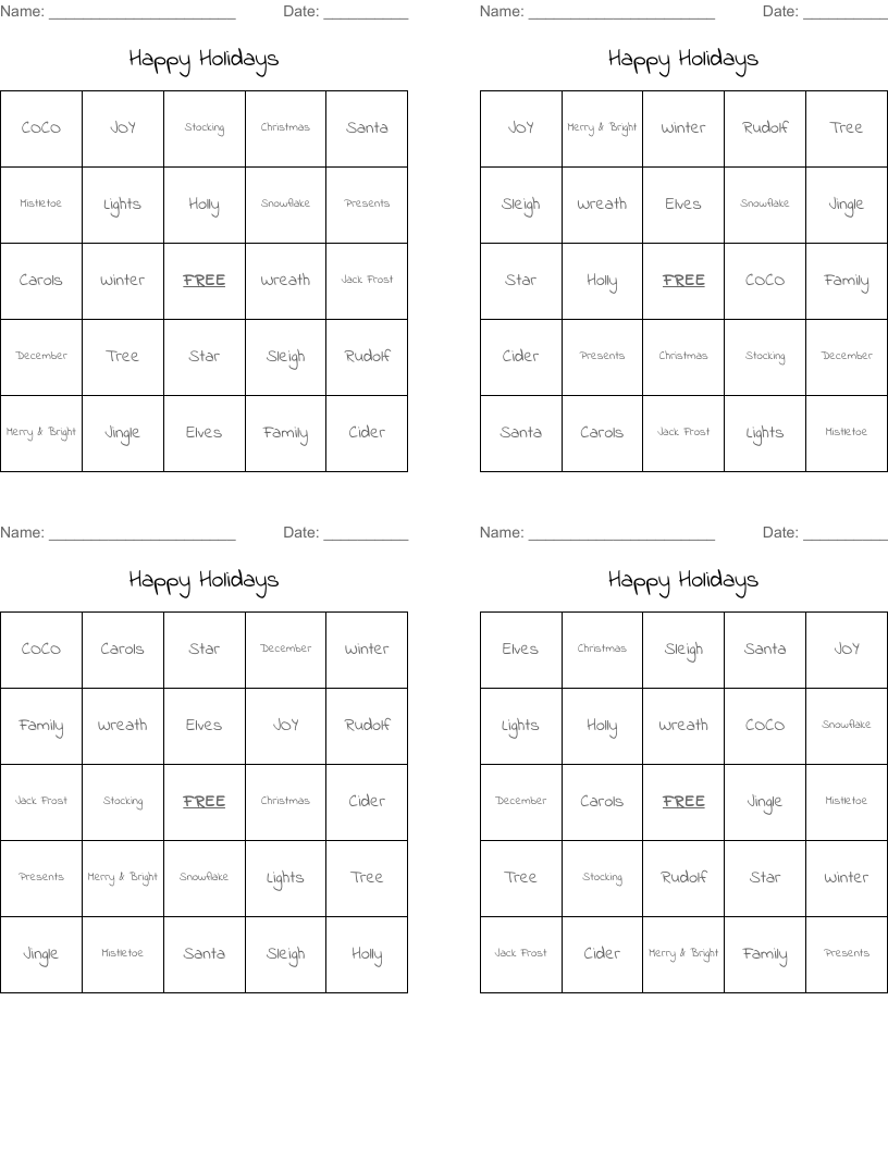 Happy Holidays Bingo Cards