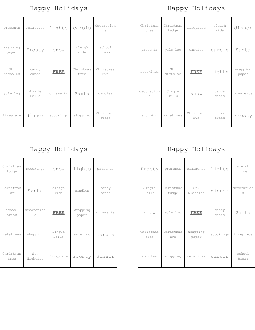 Happy Holidays Bingo Cards