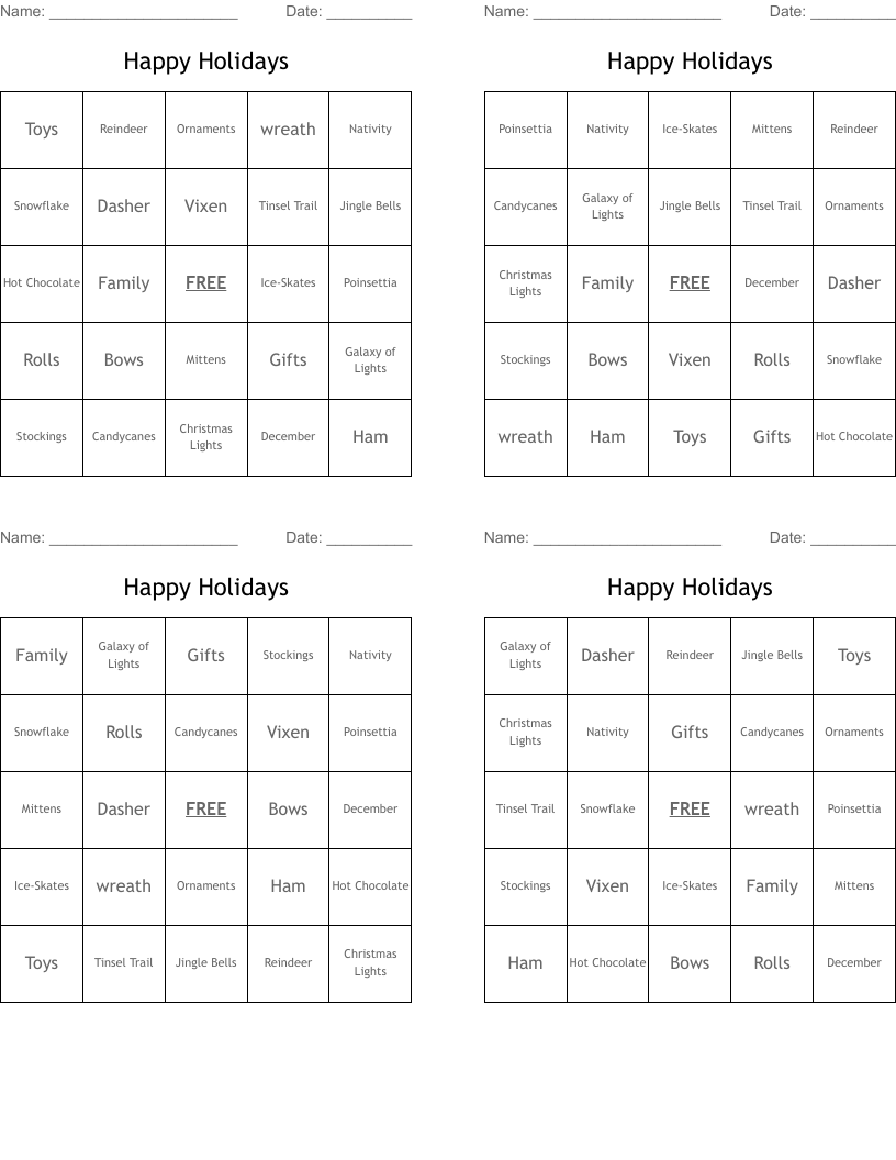 Happy Holidays  Bingo Cards