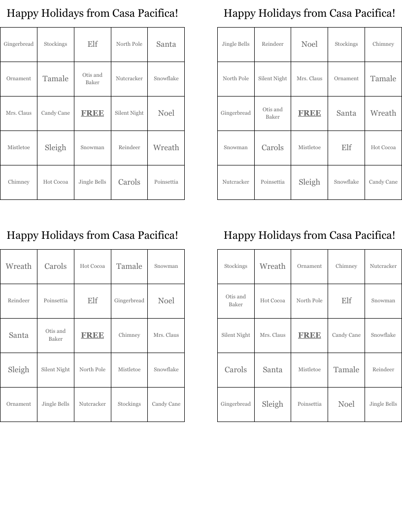 Happy Holidays from Casa Pacifica! Bingo Cards