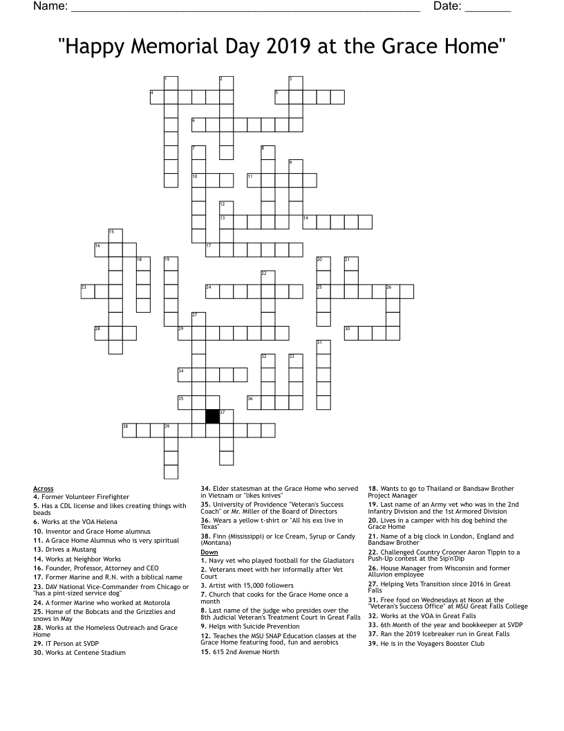 "Happy Memorial Day 2019 at the Grace Home" Crossword