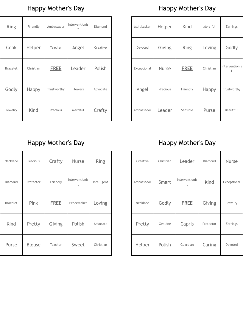 Happy Mother's Day Bingo Cards