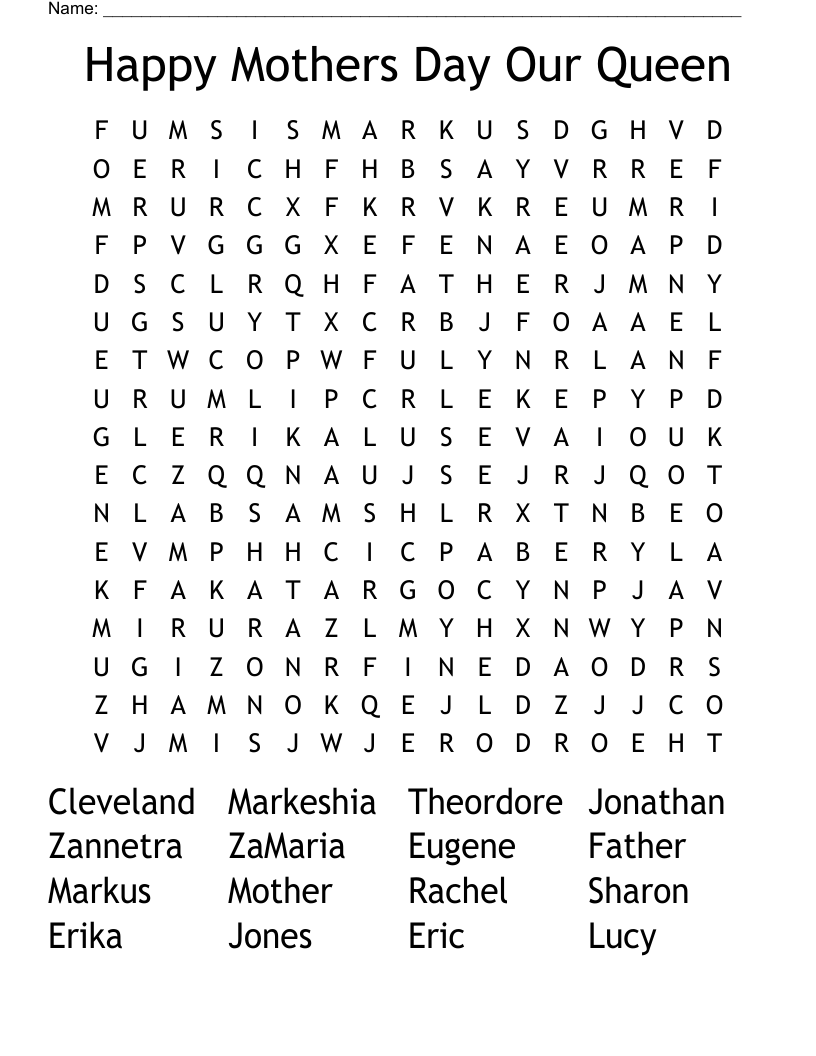 Happy Mothers Day Our Queen Word Search