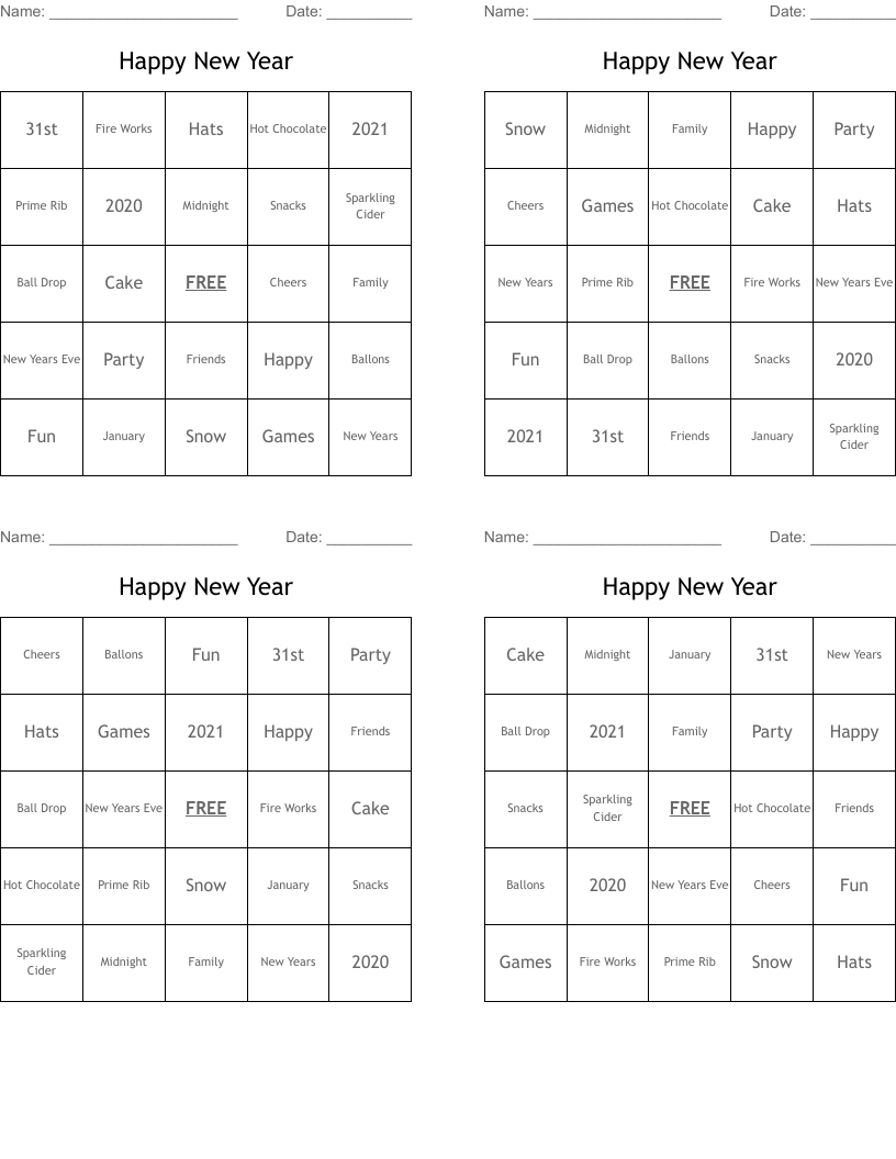 Happy New Year  Bingo Cards