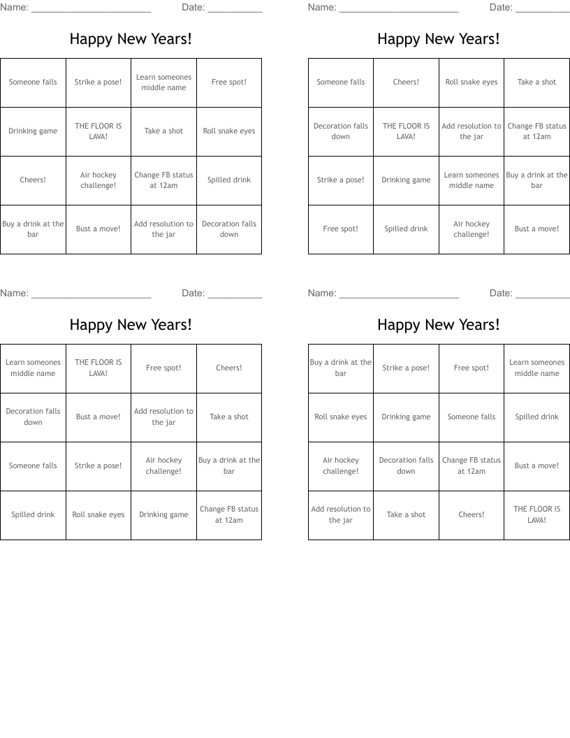 Happy New Years! Bingo Cards