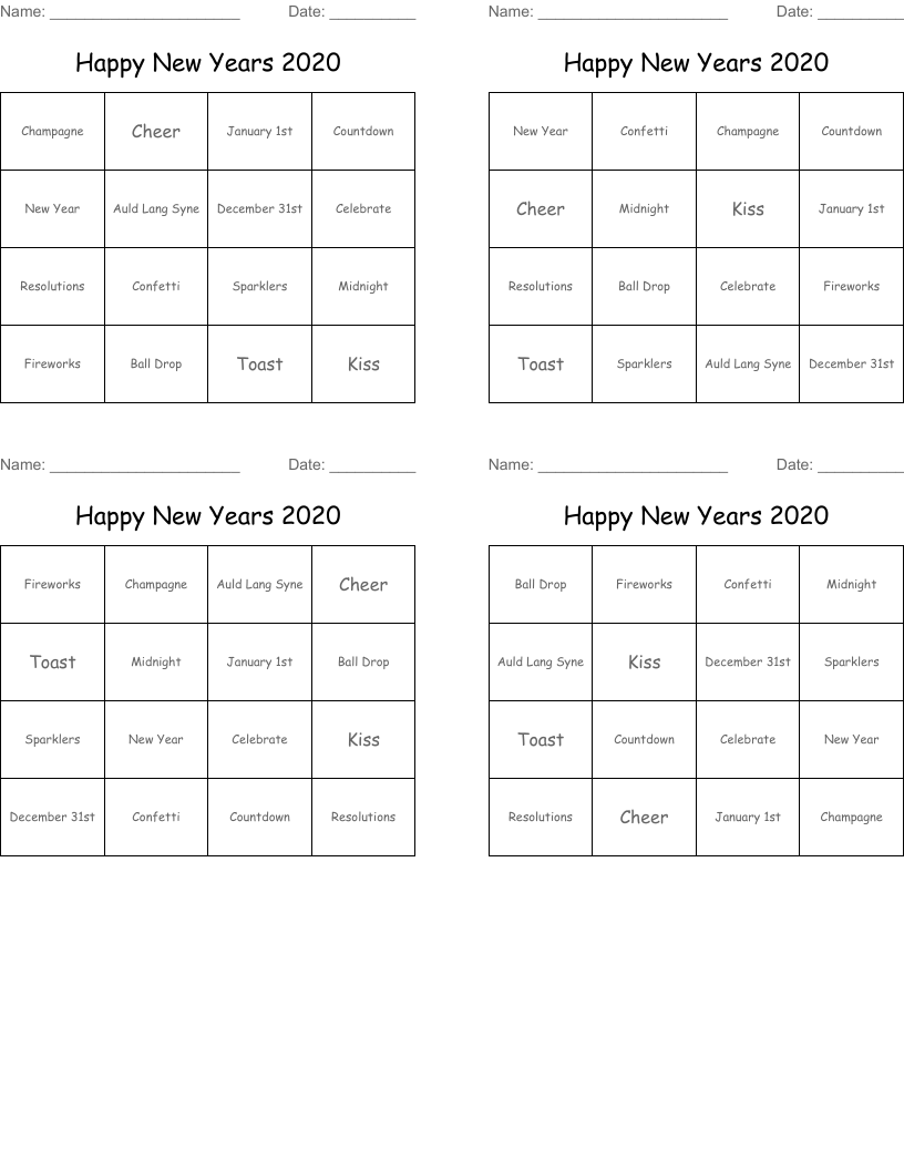 Happy New Years 2020 Bingo Cards