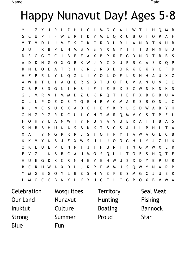 Happy Nunavut Day! Ages 5-8 Word Search