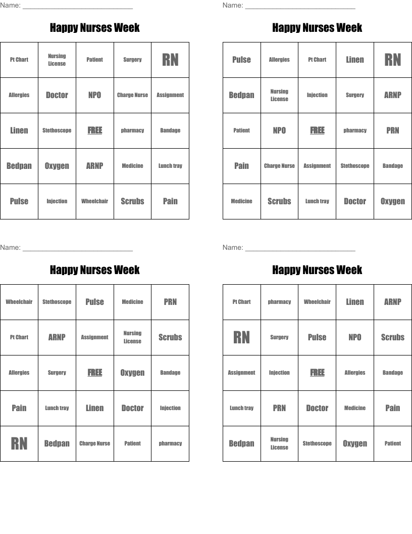 Happy Nurses Week Bingo Cards