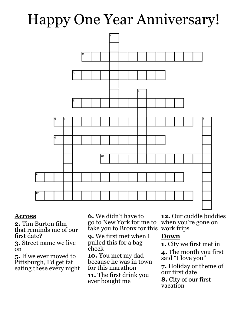 Happy One Year Anniversary!  Crossword