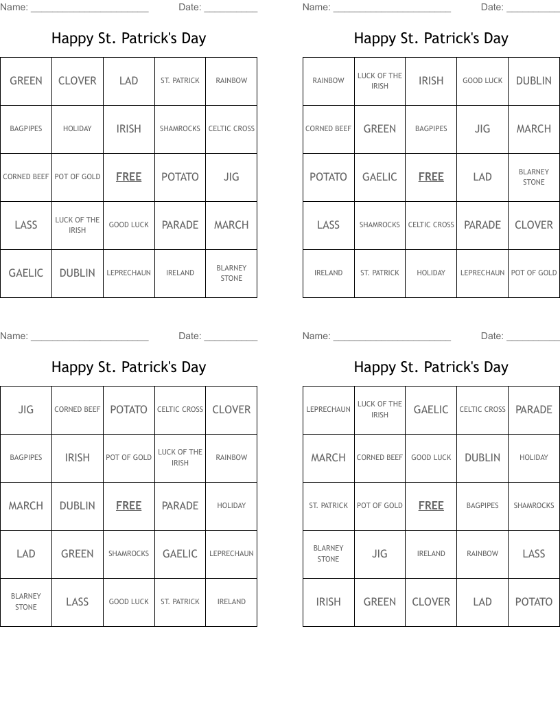 Happy St. Patrick's Day Bingo Cards