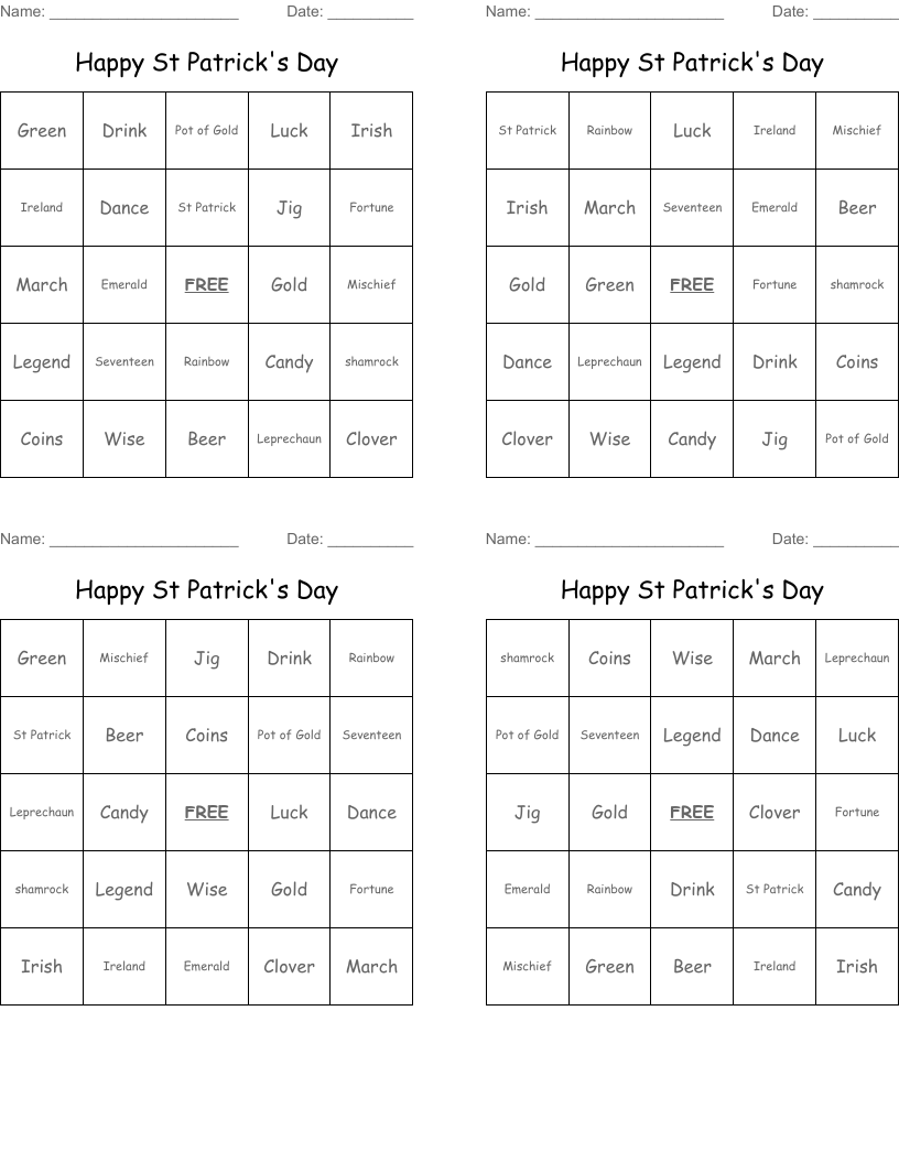 Happy St Patrick's Day Bingo Cards