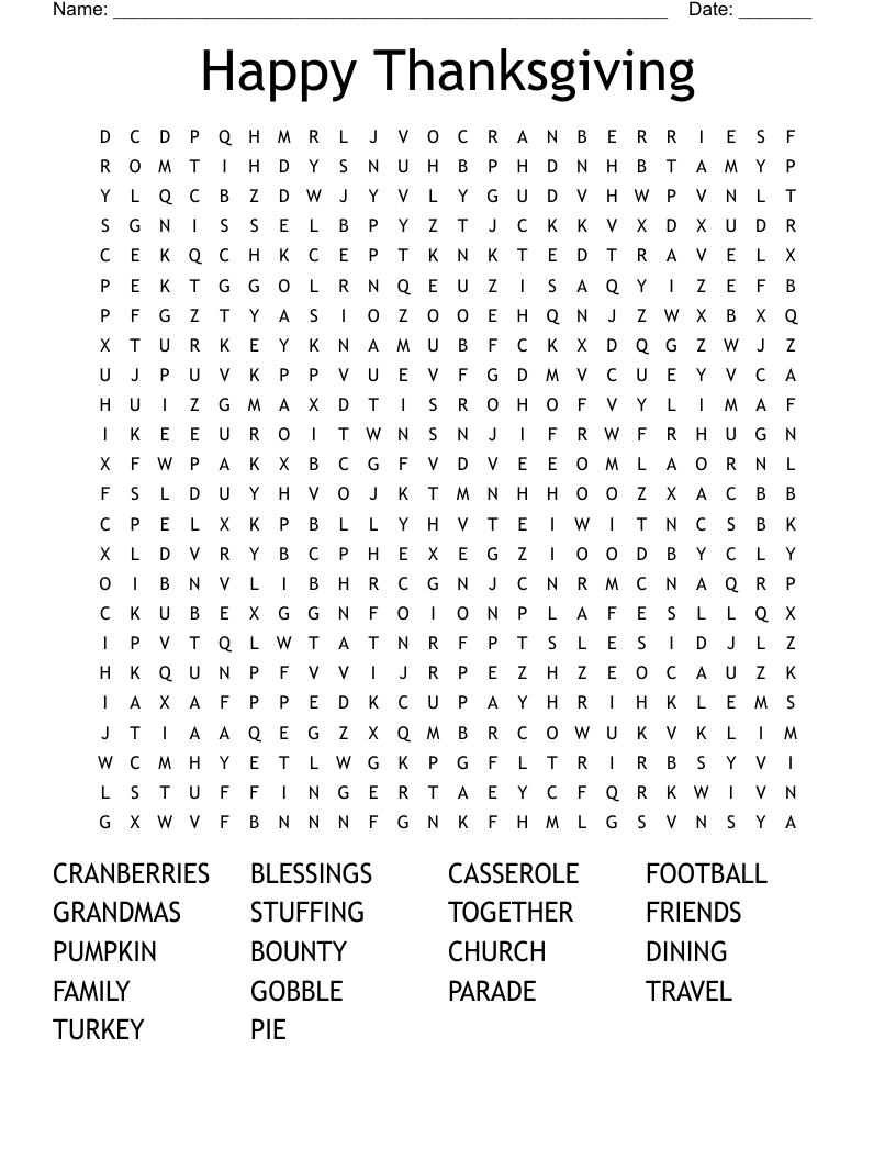 Happy Thanksgiving Word Search