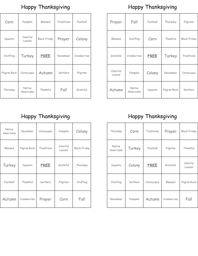 Happy Thanksgiving Bingo Cards