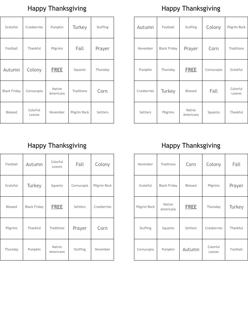 Happy Thanksgiving Bingo Cards