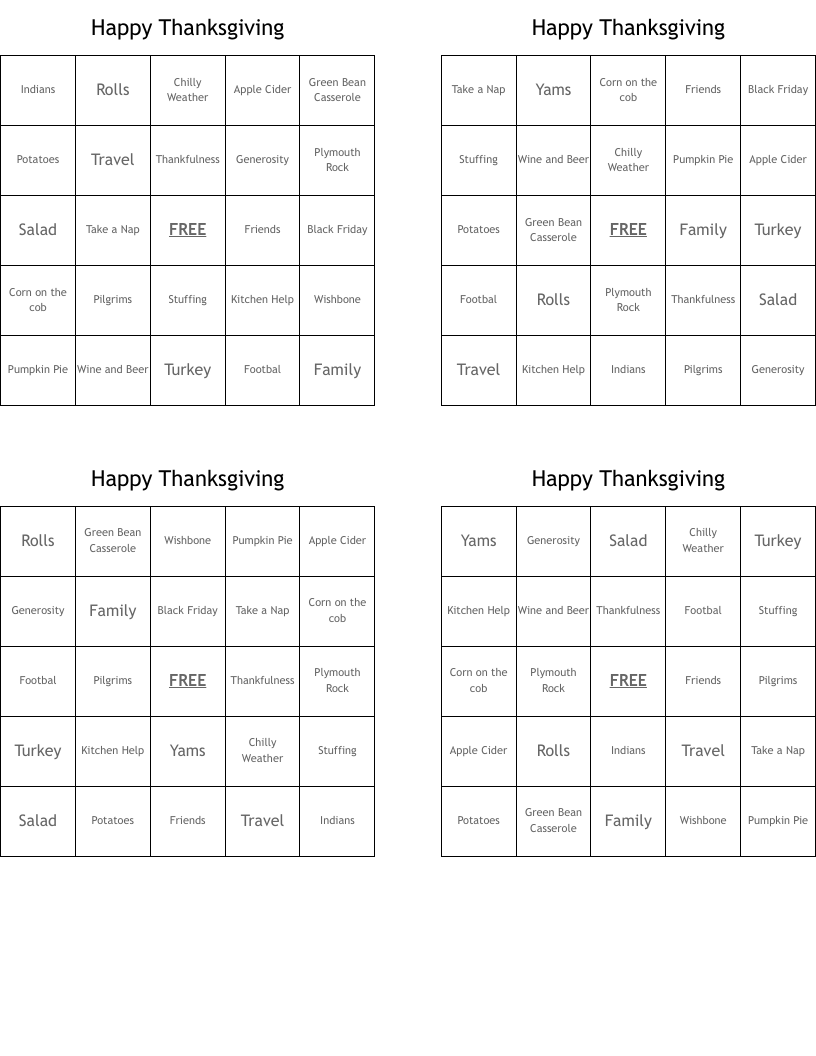 Happy Thanksgiving Bingo Cards