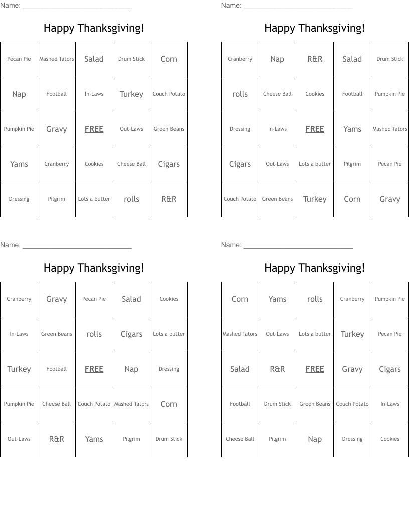 Happy Thanksgiving! Bingo Cards
