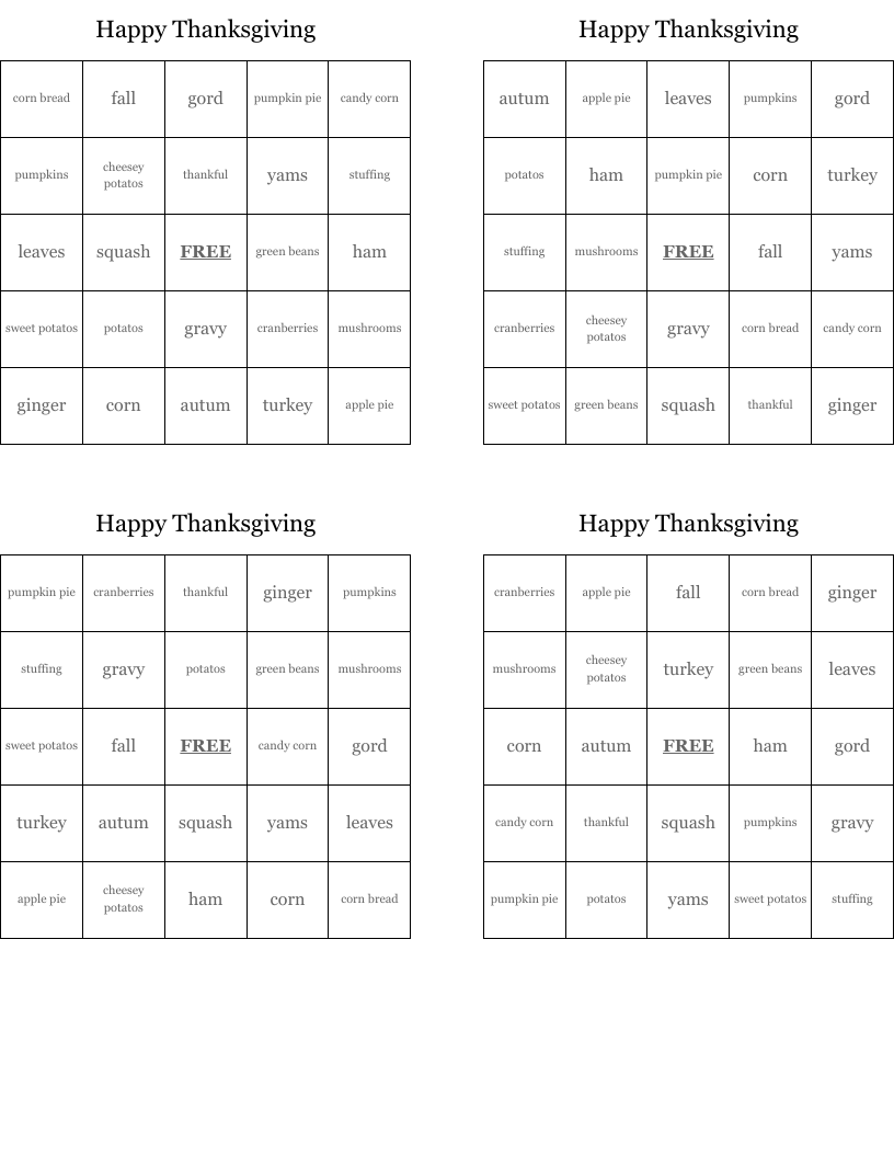 Happy Thanksgiving Bingo Cards